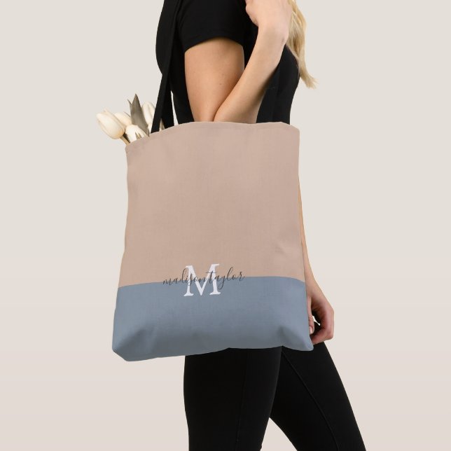 Chic Beige and Dusty Blue with Monogram name Tote Bag (Close Up)