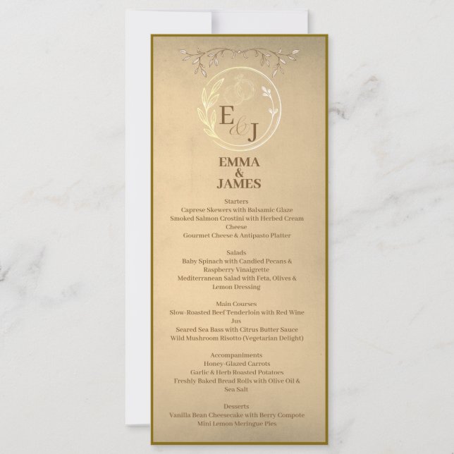 Chic Beige Cream Watercolor, Monogram Wedding Menu Invitation (Front)