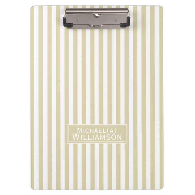 Chic Beige Ecru White Striped: Trendy Personalized Clipboard (Front)