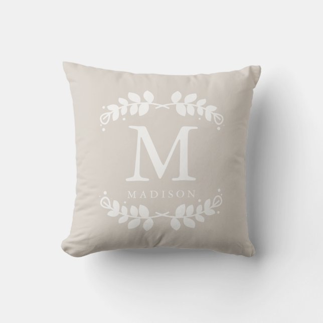 Chic Beige Floral Frame Monogram Throw Pillow (Front)