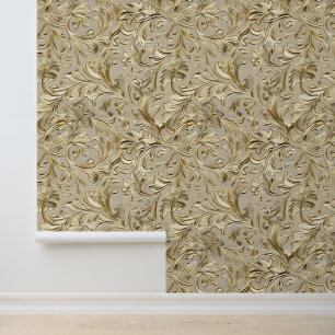 Chic beige gold tooled leather wallpaper