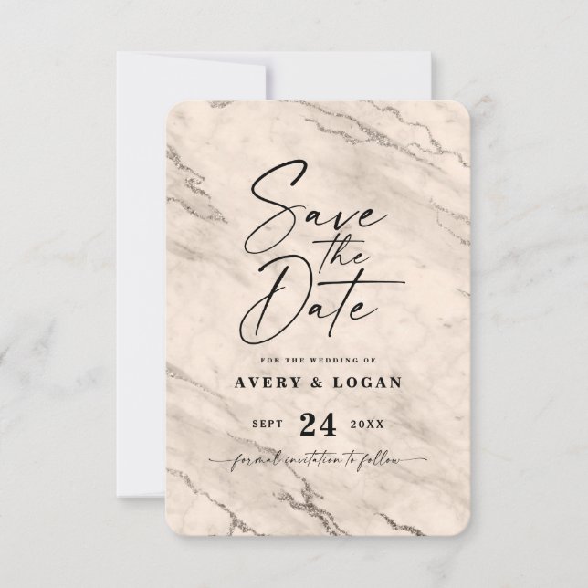 Chic Beige Marble with Champagne Foil Details Save The Date (Front)