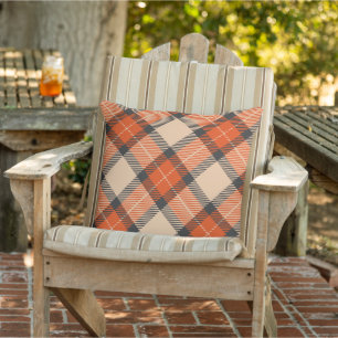 Chic Beige Pumpkin Orange Black Plaid Pattern Outdoor Pillow