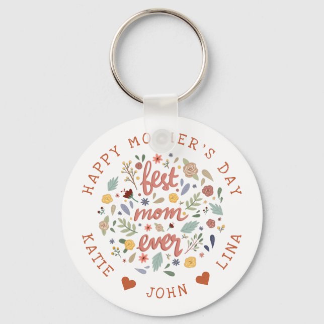 Chic Best Mom Ever Calligraphy Floral Keychain (Front)