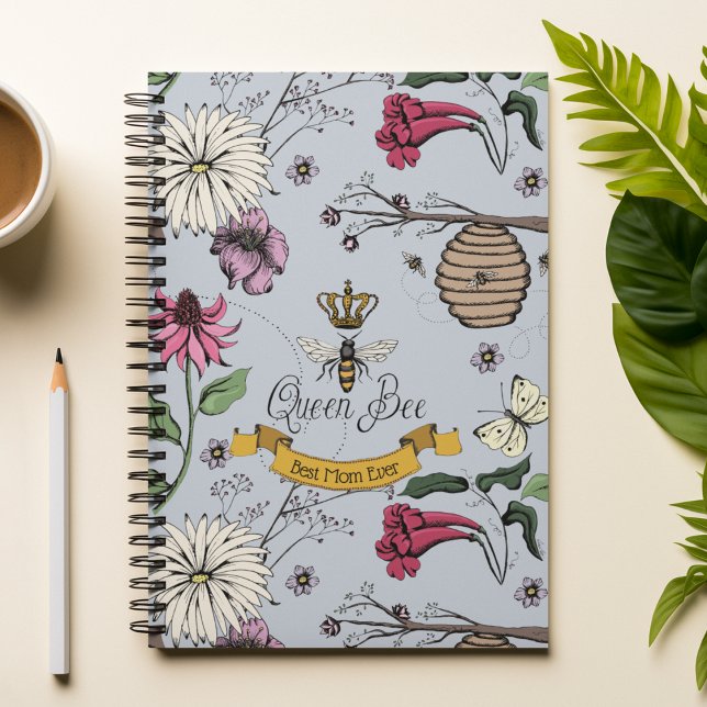 Chic Best Mom Ever Royal Queen Bee Light Blue Notebook (Chic Blue Hand-Drawn Royal Queen Bee Illustration with 3 Custom Texts.
Front: 1 Text
Back: 2 Texts)
