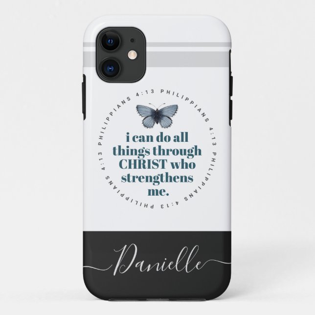 Chic Bible Verse Philippians Blue Butterfly Name Case-Mate iPhone Case (Back)