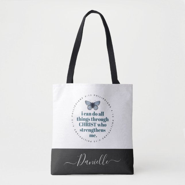 Chic Bible Verse Philippians Blue Butterfly Name Tote Bag (Front)