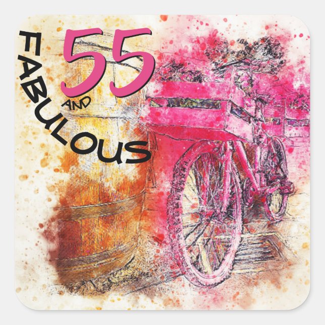 Chic Bicycle Watercolor "55 and Fabulous" Birthday Square Sticker (Front)
