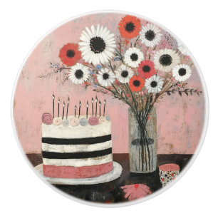 Chic Birthday Cake and Gerbera Blooms Ceramic Knob
