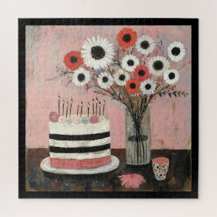 Chic Birthday Cake and Gerbera Blooms Jigsaw Puzzle