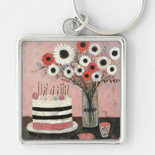 Chic Birthday Cake and Gerbera Blooms Keychain