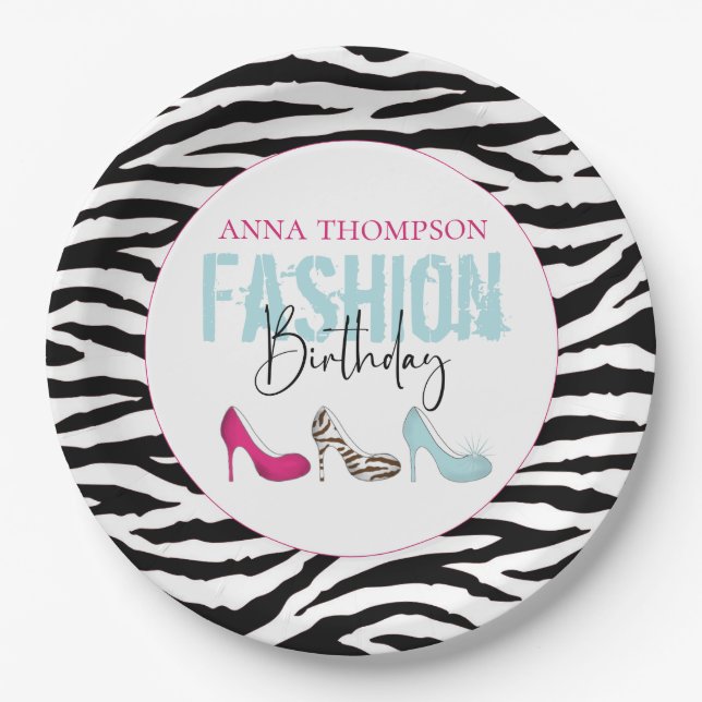 Chic Birthday Girly High Heel Shoes Animal Print Paper Plate (Front)