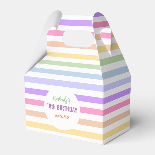 Chic Birthday Pastel Rainbow White Stripes Favor Box (Front Side)