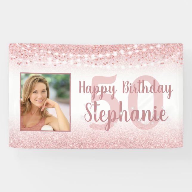 Chic Birthday Rose Gold Glitter Lights Photo Banner (Horizontal)