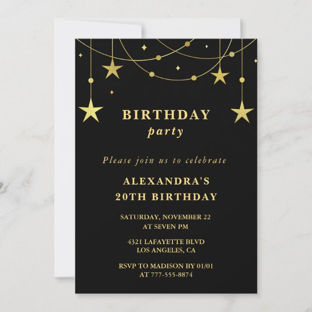 Chic Black 20th birthday Party invite Gold Stars (Front)