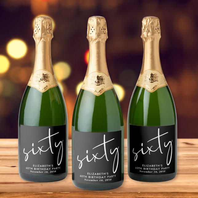 Chic Black 60th Birthday Party Sparkling Wine Label (Creator Uploaded)