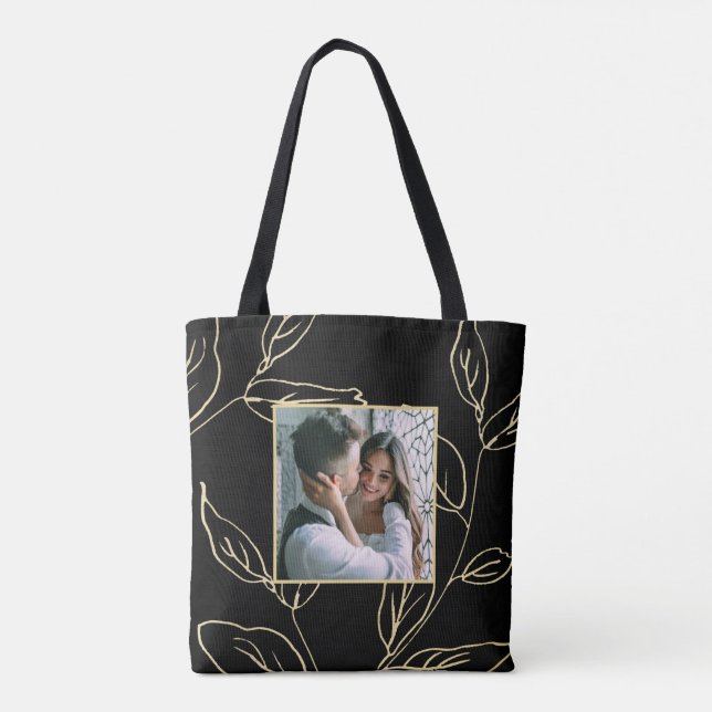 Chic Black and Faux Gold Botanical with Photo Tote Bag (Back)