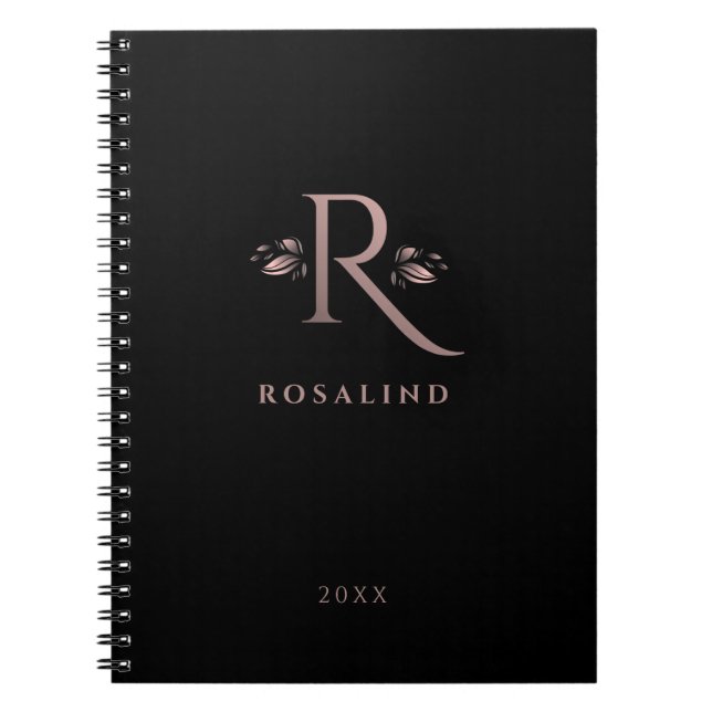 Chic Black and Faux Rose Gold R Letter Monogram Notebook (Front)