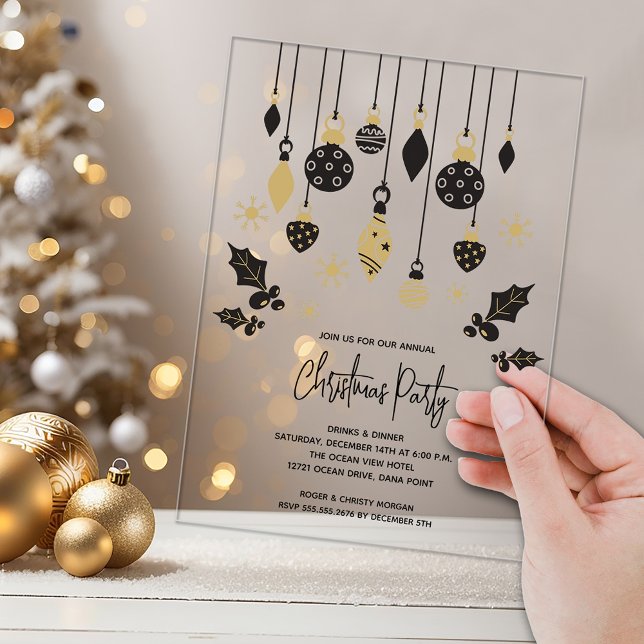 Chic Black and Gold Christmas Ornaments  Acrylic Invitations (Chic black and gold Christmas tree ornaments ACRYLIC party invitations)