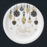 Chic Black and Gold Christmas Ornaments Paper Plate<br><div class="desc">Black and gold Christmas tree ornaments and snowflakes highlight these holiday party paper plates with your name and Merry Christmas in chic lettering. Perfect for your personal or business holiday parties. Available in 2 sizes. MATCHING items in our collection.</div>