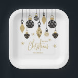 Chic Black and Gold Christmas Ornaments Paper Plate<br><div class="desc">Black and gold Christmas tree ornaments and snowflakes highlight these square holiday party paper plates with your name and Merry Christmas in chic lettering. Perfect for your personal or business holiday parties. MATCHING items in our collection.</div>