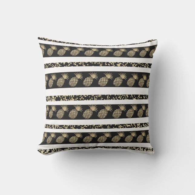 Chic black and gold confetti pineapple stripes outdoor pillow (Front)