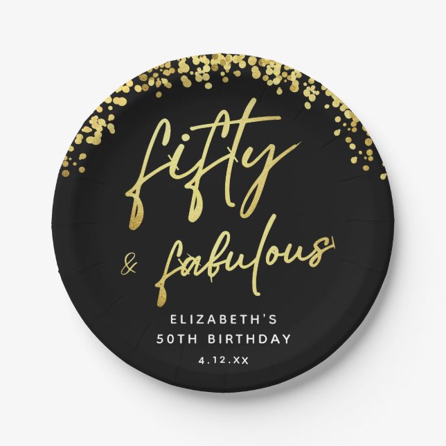 Chic Black and Gold Fifty and Fabulous Birthday Paper Plate (Front)