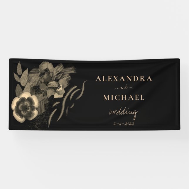 Chic Black and Gold Iris Flowers Wedding Banner (Horizontal)