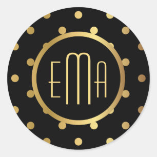 Chic Black and Gold Polka Dots with Monogram Classic Round Sticker