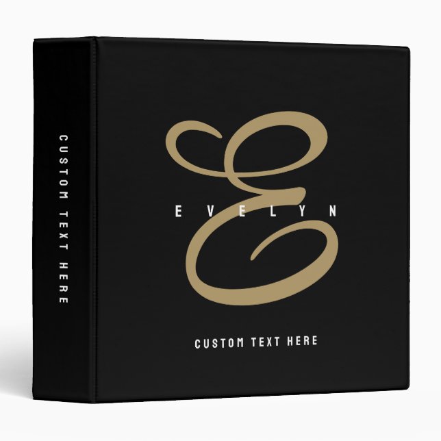 Chic Black and Gold Script Monogram Binder (Front/Spine)