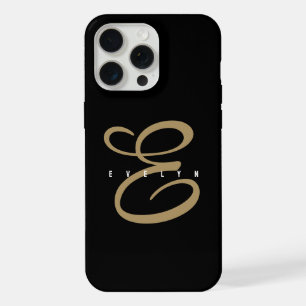 Chic Black and Gold Script Monogram iPhone 15 Pro Max Case