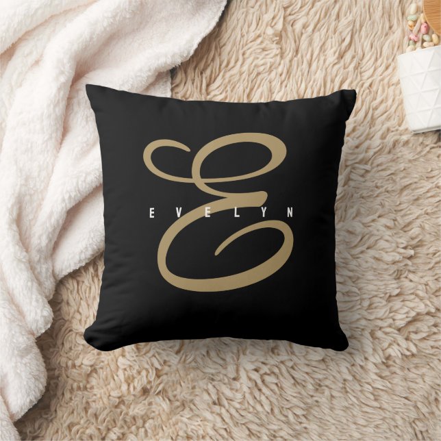 Chic Black and Gold Script Monogram Throw Pillow (Blanket)