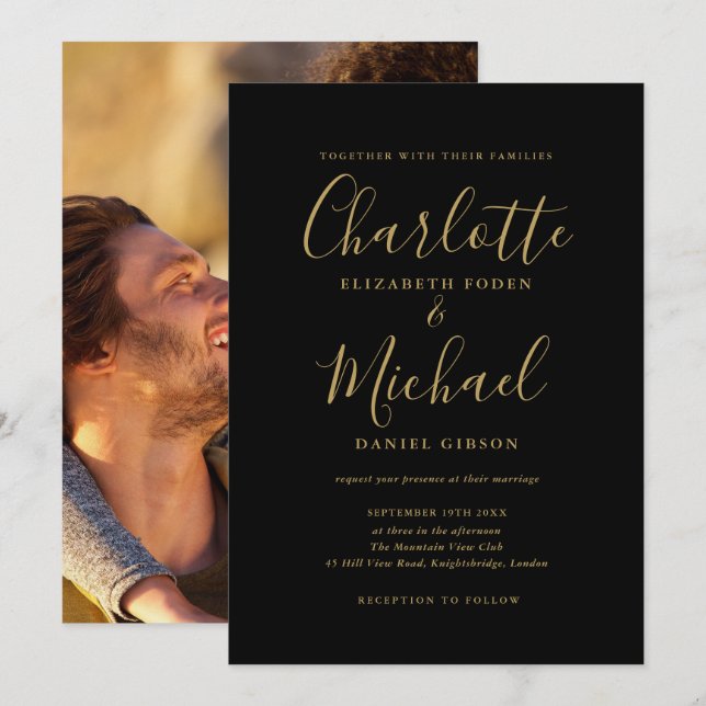 Chic Black And Gold Signature Script Photo Wedding Invitation (Front/Back)
