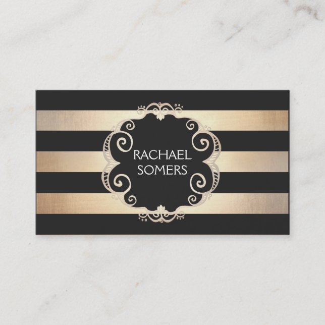 Chic Black and Gold Striped Designer (no shine) Business Card (Front)