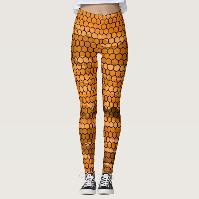 Chic Black And Orange Honeycomb Patterned  Leggings (Front)
