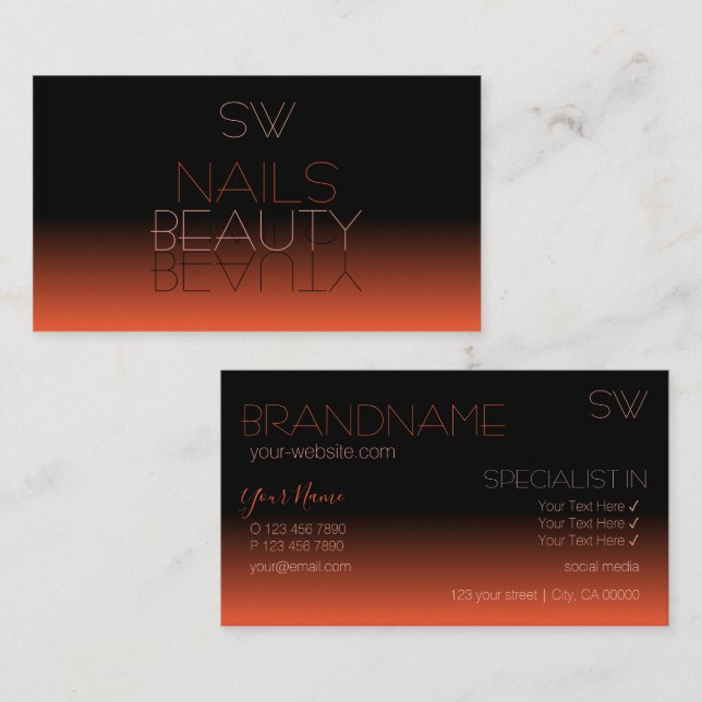 Chic Black and Orange Mirror Font with Monogram Business Card (Front/Back)