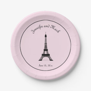 Chic Black and Pink French Eiffel Tower Wedding Paper Plate
