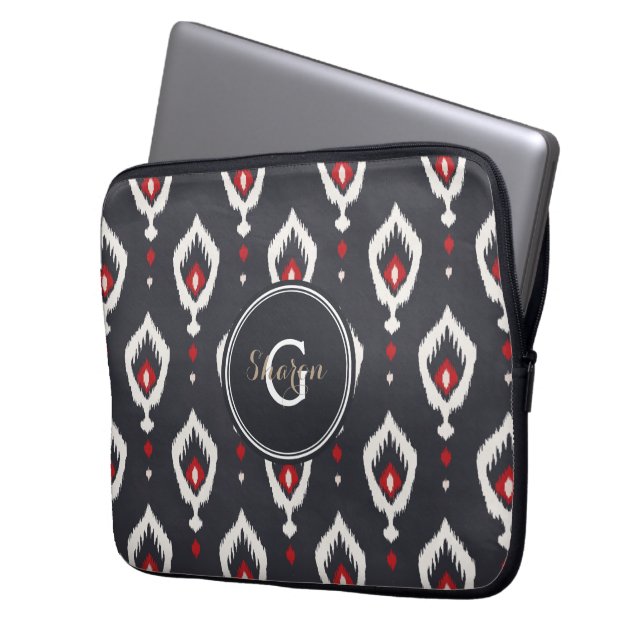 Chic black and red ikat tribal pattern monogram laptop sleeve (Front Left)