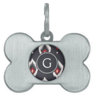 Chic black and red ikat tribal pattern monogram pet ID tag