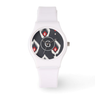 Chic black and red ikat tribal pattern monogram watch