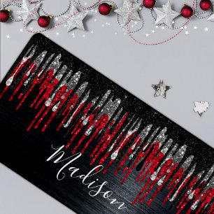 Chic black and red silver glitter drips monogram desk mat