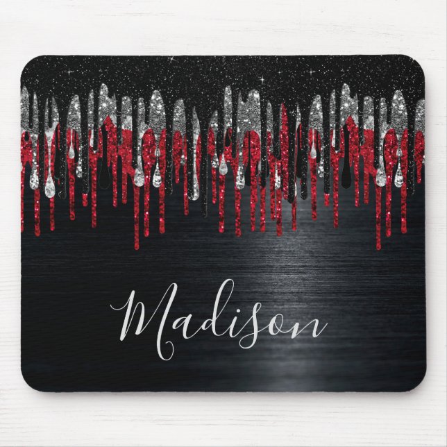 Chic black and red silver glitter drips monogram mouse pad (Front)
