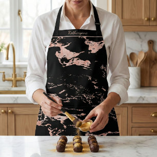 Chic Black and Rose Gold Foil Marble Apron
