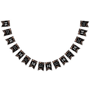 Chic Black and Rose Gold Marble Sweet 16 Bunting Flags