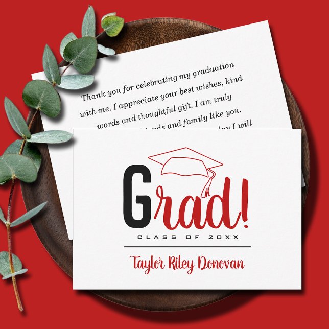 Chic Black and Scarlet Grad Cap Graduation Card (3.5" x 5" black and scarlet red Grad and graduation cap flat note cards, your message on the back)