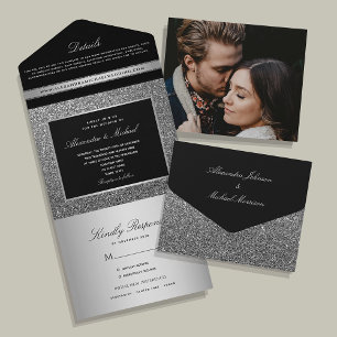Chic Black and Silver Wedding All In One Invitation
