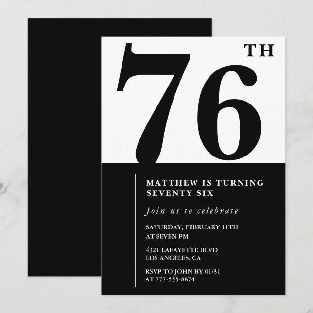 Chic Black and White 76th birthday invitation (Front/Back)