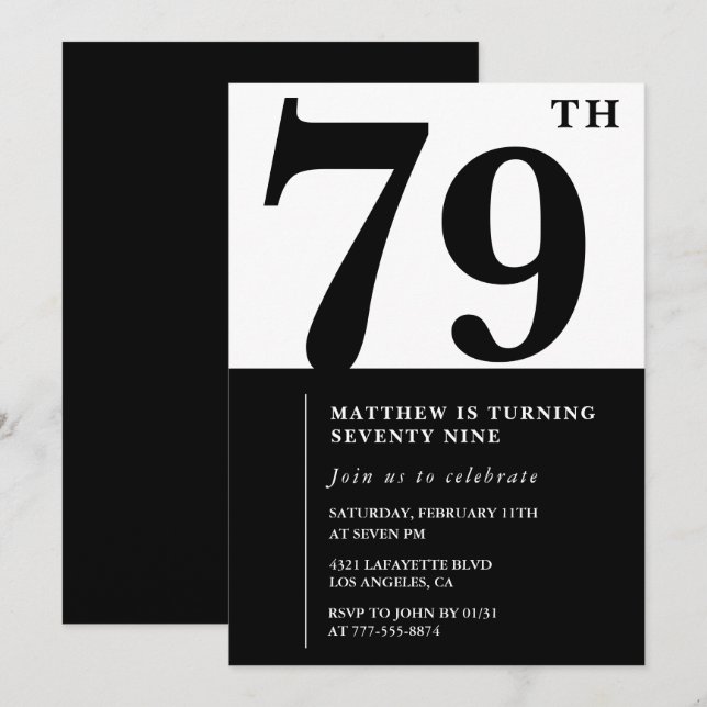 Chic Black and White 79e anniversaire invitation (Devant / Derrière)