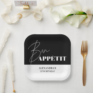 Chic Black and White Bon Appétit Birthday  Paper Plate