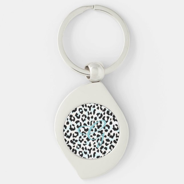 Chic black and white cheetah print monogram keychain (Front)